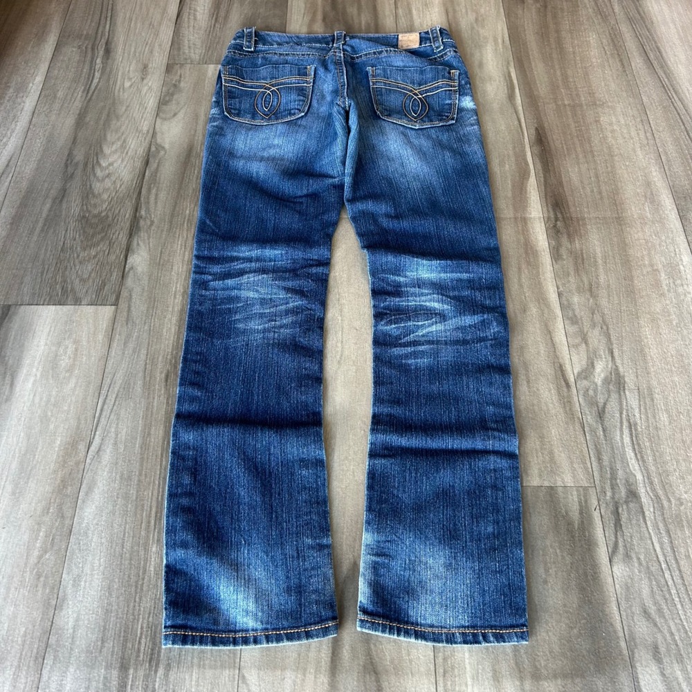 Paris Blues Womens Low Rise Flare Jeans Medium Wash Whiskered Bootcut Size 9